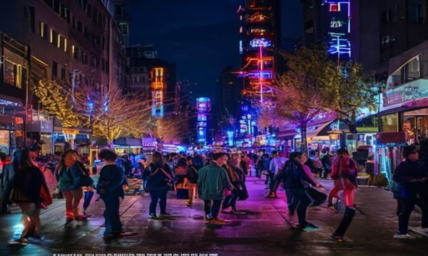 上海南京路步行街夜间街拍，霓虹灯光映照下探花团队与路人真实互动，画面色彩鲜艳氛围热烈