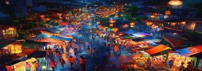 夜市探访合集封面，夜晚灯光璀璨的街头市集，人群熙攘烟火气浓郁